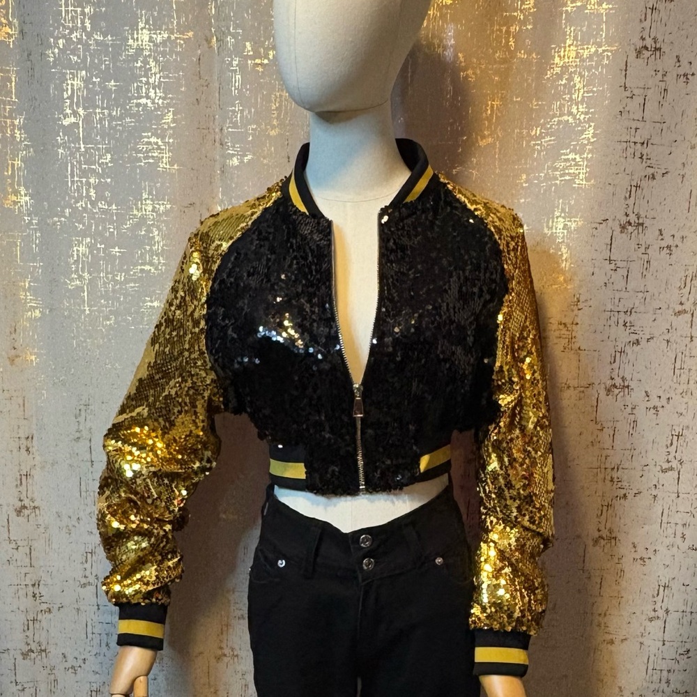Sequin Bomber Jacket in Black and Gold - Picture 4 of 6